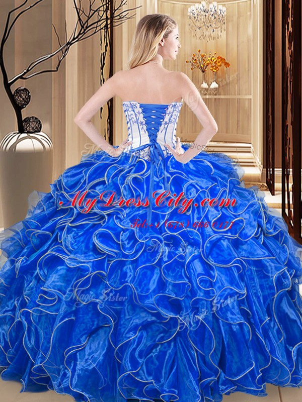 Adorable Strapless Sleeveless Lace Up 15 Quinceanera Dress Royal Blue Organza