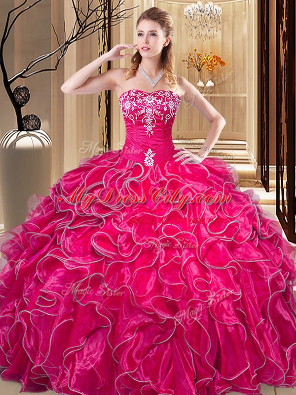 Sophisticated Hot Pink Sleeveless Embroidery and Ruffles Floor Length Vestidos de Quinceanera