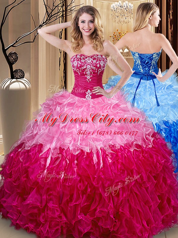 Comfortable Multi-color Ball Gowns Embroidery and Ruffles Sweet 16 Dress Lace Up Organza Sleeveless Floor Length