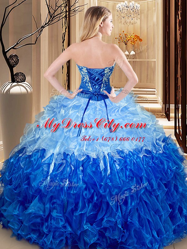 Comfortable Multi-color Ball Gowns Embroidery and Ruffles Sweet 16 Dress Lace Up Organza Sleeveless Floor Length