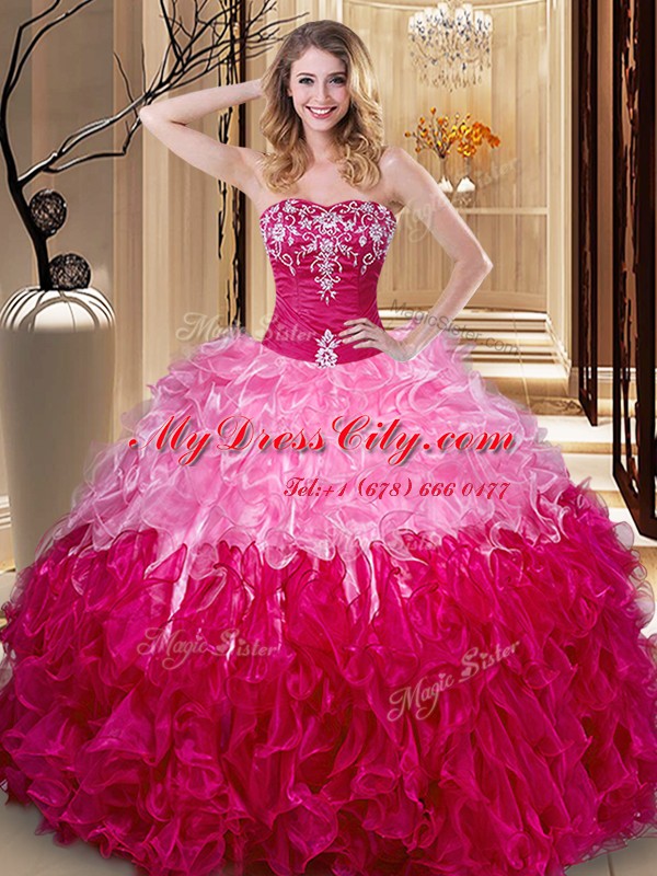 Comfortable Multi-color Ball Gowns Embroidery and Ruffles Sweet 16 Dress Lace Up Organza Sleeveless Floor Length