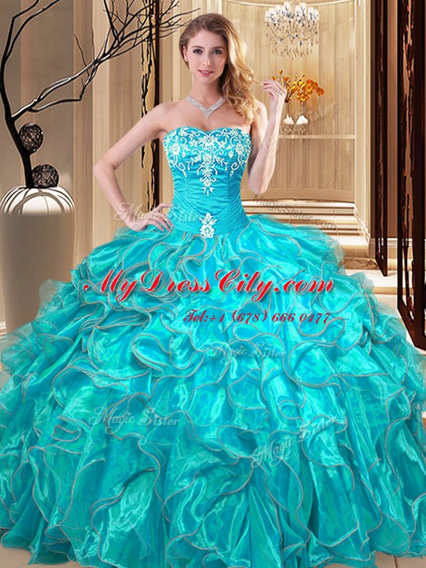 Admirable Aqua Blue Sleeveless Organza Lace Up Sweet 16 Quinceanera Dress for Military Ball and Sweet 16 and Quinceanera