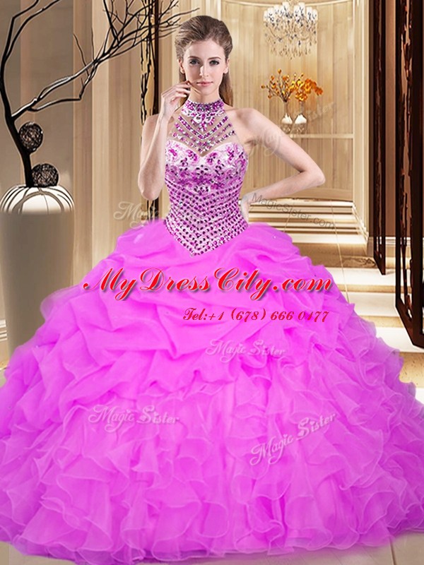 Halter Top Sleeveless Floor Length Beading and Ruffles and Pick Ups Lace Up 15 Quinceanera Dress with Lilac