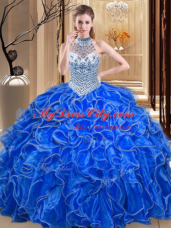 Lovely Royal Blue Organza Lace Up Halter Top Sleeveless Floor Length Quinceanera Dress Beading and Ruffles