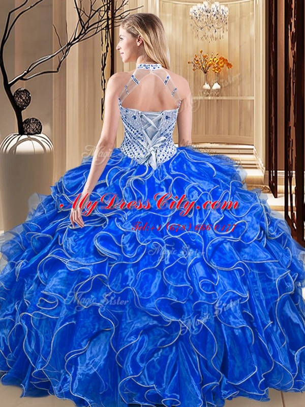 Lovely Royal Blue Organza Lace Up Halter Top Sleeveless Floor Length Quinceanera Dress Beading and Ruffles