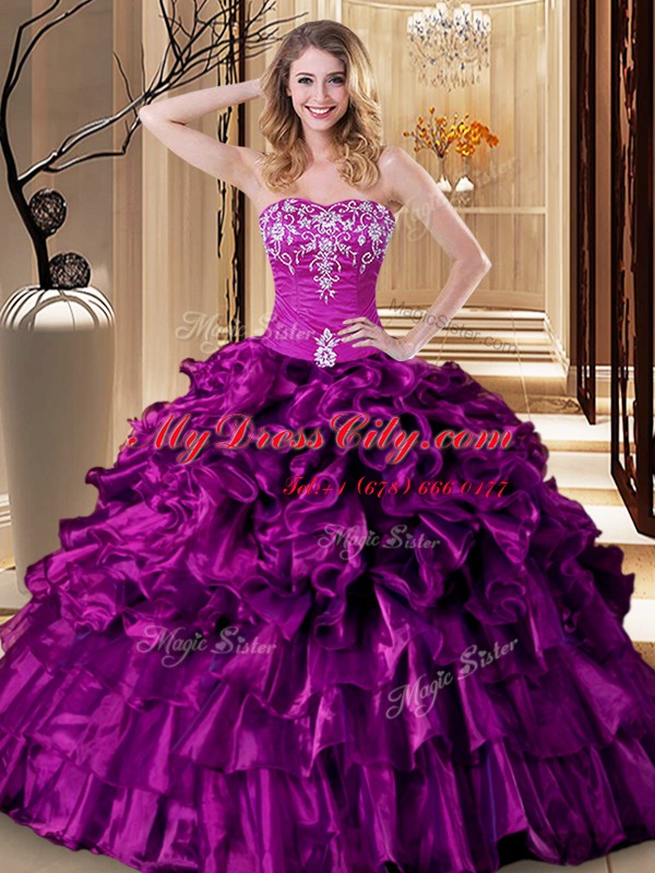 Lovely Ball Gowns 15th Birthday Dress Purple Sweetheart Organza Sleeveless Floor Length Lace Up