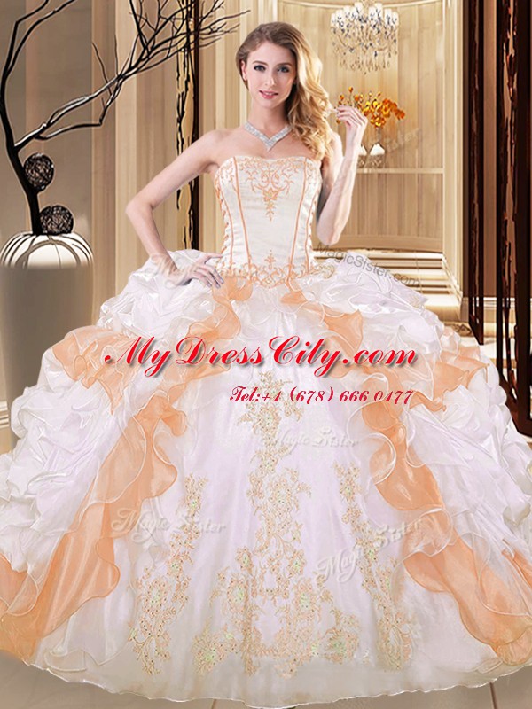 Trendy White and Yellow Lace Up Strapless Embroidery and Ruffled Layers Vestidos de Quinceanera Organza Sleeveless