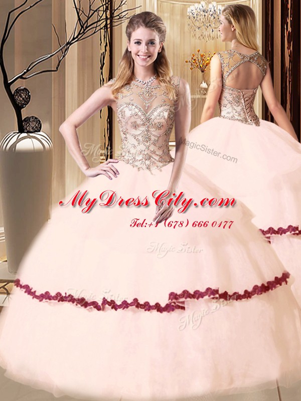 Stunning Peach Ball Gowns Scoop Sleeveless Tulle Floor Length Lace Up Beading and Appliques Quinceanera Gowns