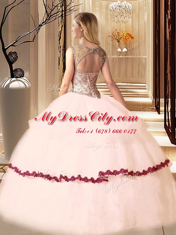 Stunning Peach Ball Gowns Scoop Sleeveless Tulle Floor Length Lace Up Beading and Appliques Quinceanera Gowns