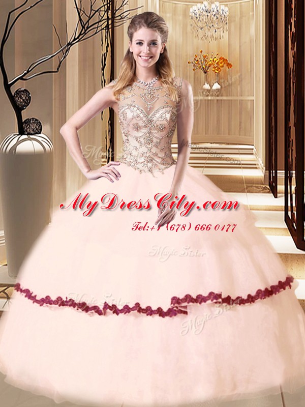 Stunning Peach Ball Gowns Scoop Sleeveless Tulle Floor Length Lace Up Beading and Appliques Quinceanera Gowns