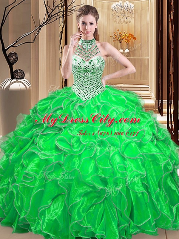 Simple Halter Top Organza Sleeveless Floor Length Vestidos de Quinceanera and Beading and Ruffles