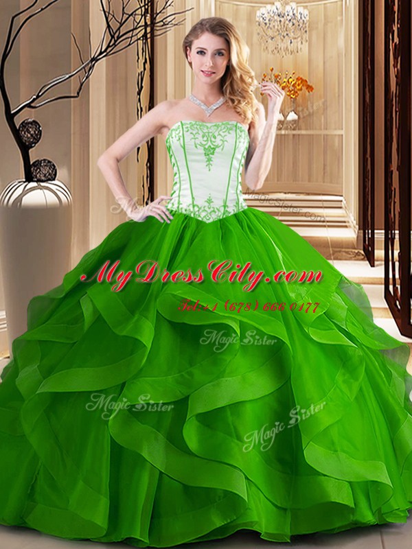 Edgy Green and Fuchsia Tulle Lace Up Ball Gown Prom Dress Sleeveless Floor Length Embroidery