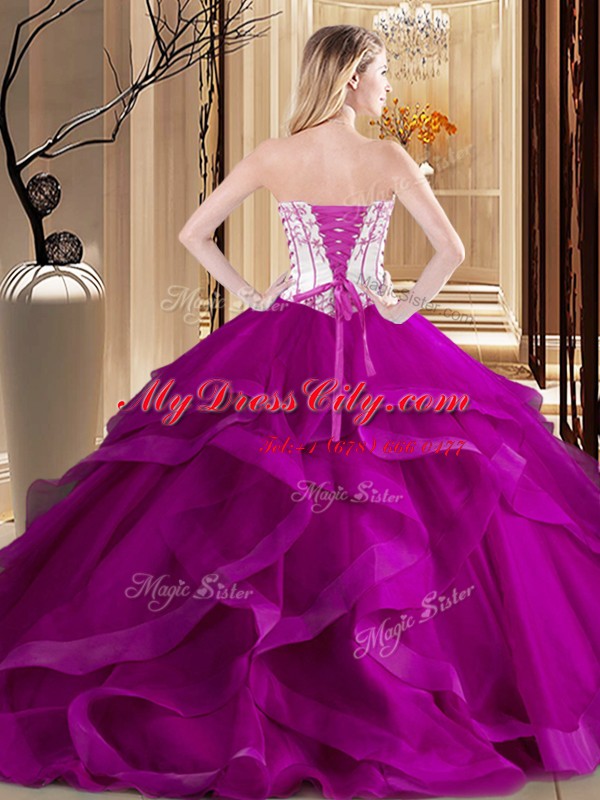 Edgy Green and Fuchsia Tulle Lace Up Ball Gown Prom Dress Sleeveless Floor Length Embroidery