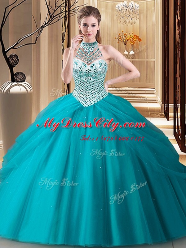 Affordable Halter Top Teal Sleeveless Beading and Pick Ups Lace Up Vestidos de Quinceanera