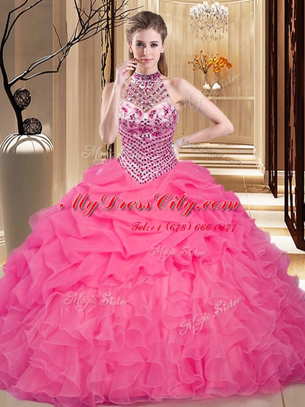 Decent Halter Top Sleeveless Organza Quinceanera Gowns Beading and Ruffles and Pick Ups Lace Up