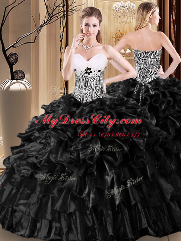 Black Sleeveless Floor Length Ruffles and Pattern Lace Up Quinceanera Dresses