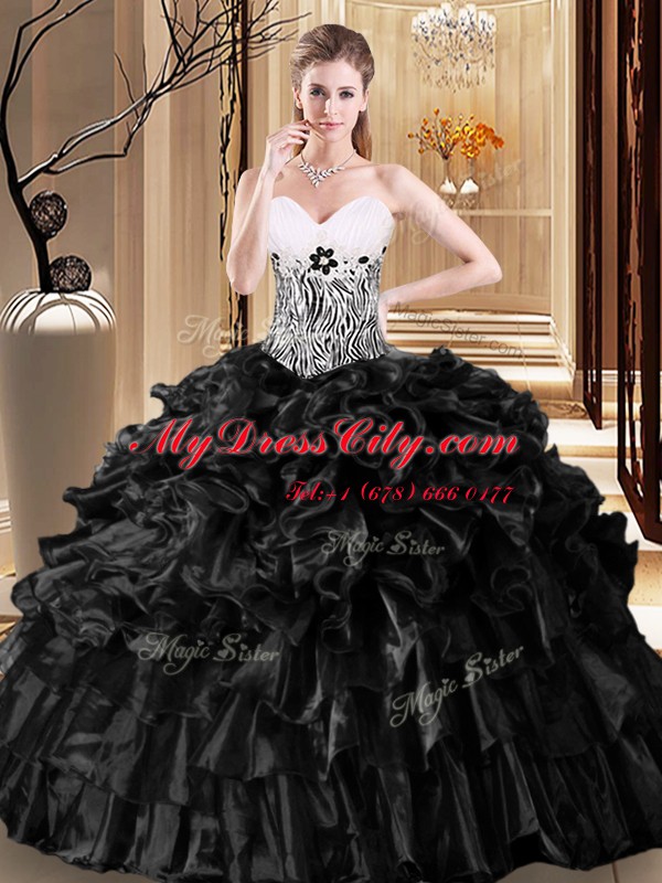 Black Sleeveless Floor Length Ruffles and Pattern Lace Up Quinceanera Dresses