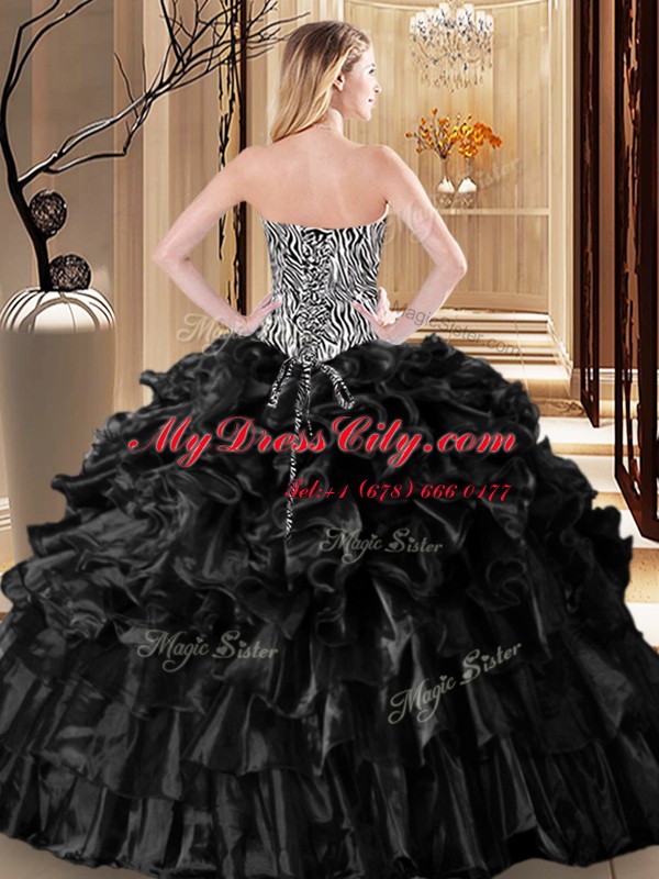 Black Sleeveless Floor Length Ruffles and Pattern Lace Up Quinceanera Dresses