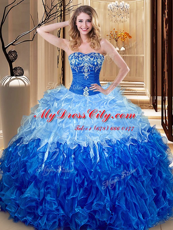 Custom Fit Multi-color and Blue And White Ball Gowns Organza Sweetheart Sleeveless Embroidery and Ruffles Floor Length Lace Up Quinceanera Gowns