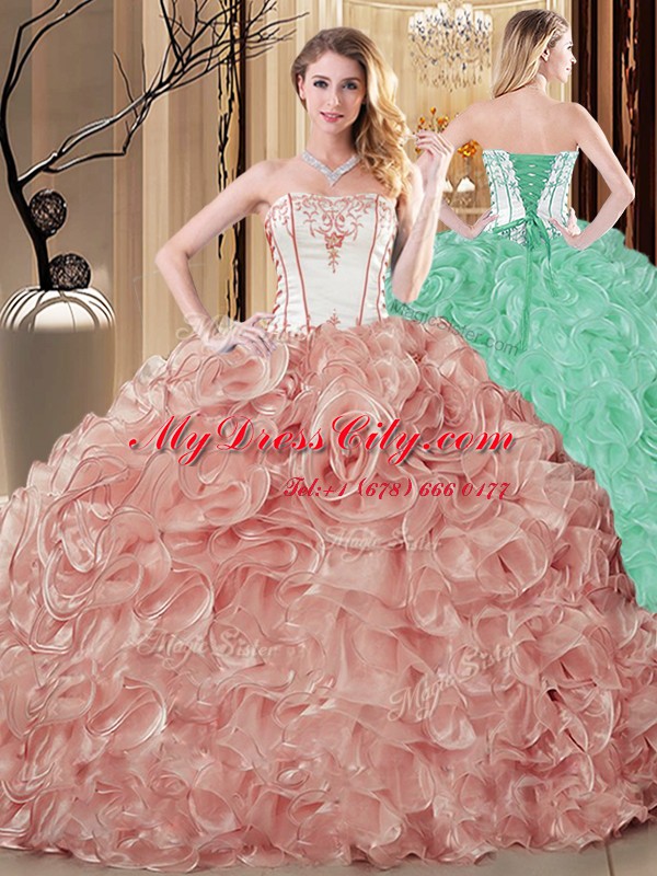 Dynamic Champagne Quinceanera Gown Military Ball and Sweet 16 and Quinceanera and For with Embroidery and Ruffles Strapless Sleeveless Lace Up