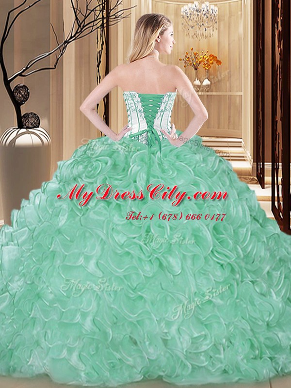 Dynamic Champagne Quinceanera Gown Military Ball and Sweet 16 and Quinceanera and For with Embroidery and Ruffles Strapless Sleeveless Lace Up