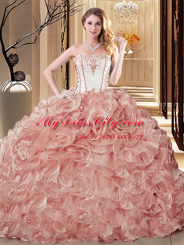 Dynamic Champagne Quinceanera Gown Military Ball and Sweet 16 and Quinceanera and For with Embroidery and Ruffles Strapless Sleeveless Lace Up