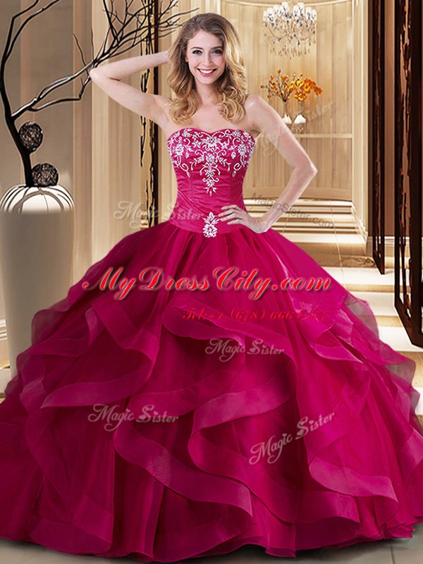 Coral Red Sleeveless Embroidery and Ruffles Floor Length Ball Gown Prom Dress