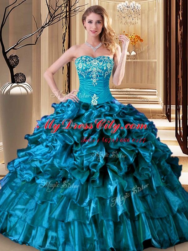 Free and Easy Embroidery and Ruffles Sweet 16 Dresses Teal Lace Up Sleeveless Floor Length