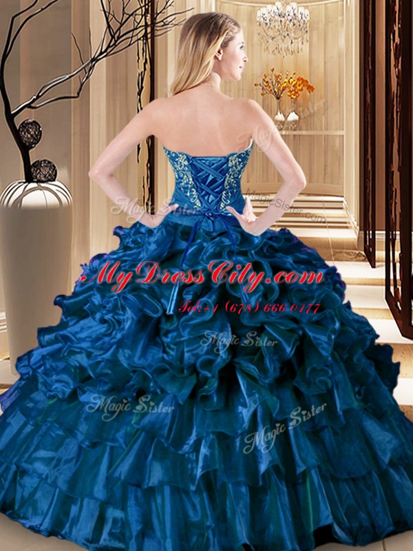 Free and Easy Embroidery and Ruffles Sweet 16 Dresses Teal Lace Up Sleeveless Floor Length