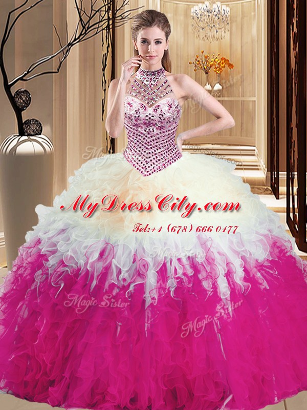 Custom Made Halter Top Multi-color Tulle Lace Up Ball Gown Prom Dress Sleeveless Floor Length Beading and Ruffles