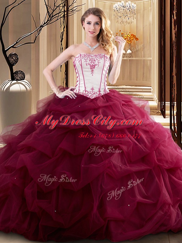 High End Wine Red Ball Gowns Embroidery and Ruffled Layers Sweet 16 Dress Lace Up Tulle Sleeveless Floor Length