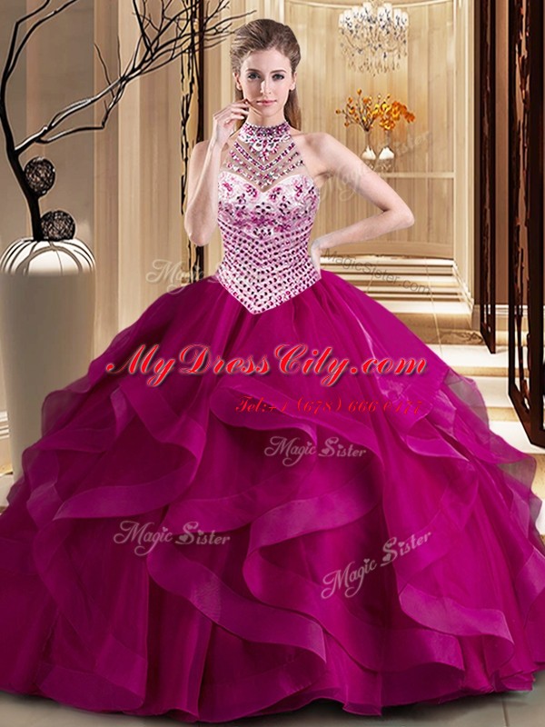 Halter Top With Train Fuchsia Quinceanera Gowns Tulle Brush Train Sleeveless Beading and Ruffles