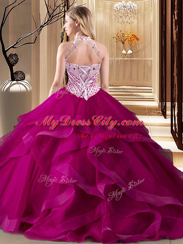 Halter Top With Train Fuchsia Quinceanera Gowns Tulle Brush Train Sleeveless Beading and Ruffles