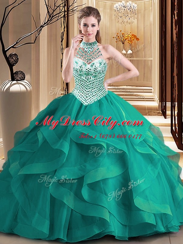 Halter Top Sleeveless With Train Beading and Ruffles Lace Up Quinceanera Gown with Dark Green Brush Train