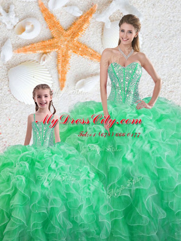 Apple Green Lace Up Sweetheart Beading and Ruffles Sweet 16 Dresses Organza Sleeveless