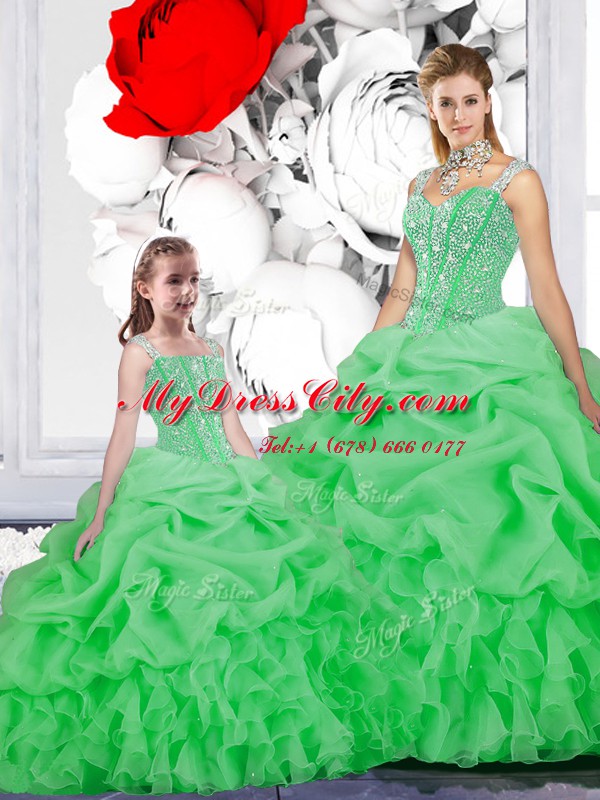 New Style Pick Ups Ball Gowns Quinceanera Dresses Green Straps Organza Sleeveless Floor Length Lace Up