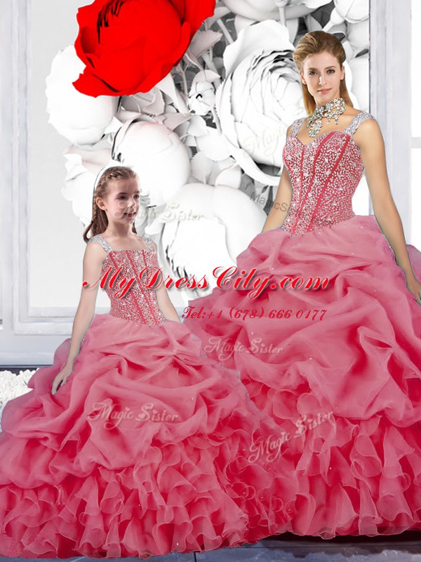 Rose Pink Lace Up Straps Beading and Ruffles and Pick Ups 15th Birthday Dress Organza Sleeveless