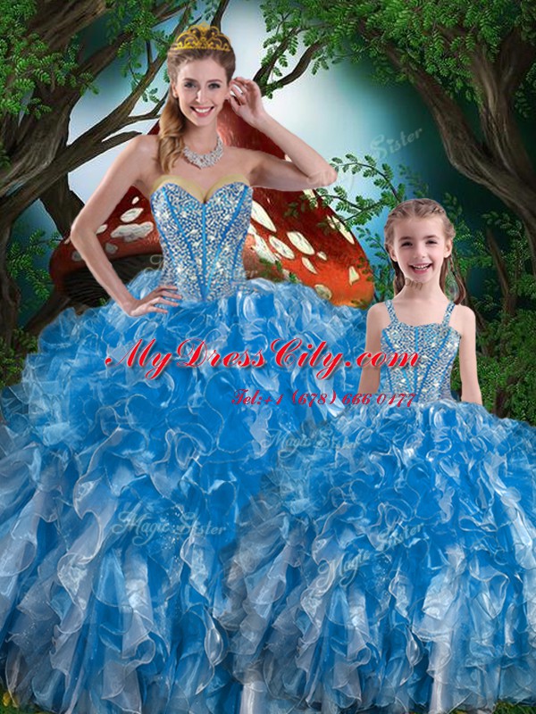 Clearance Baby Blue Ball Gowns Organza Sweetheart Sleeveless Beading and Ruffles Floor Length Lace Up Ball Gown Prom Dress