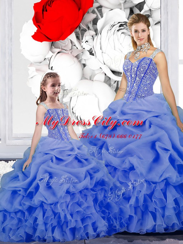 High End Straps Organza Sleeveless Floor Length Sweet 16 Dress and Beading and Ruffles and Pick Ups