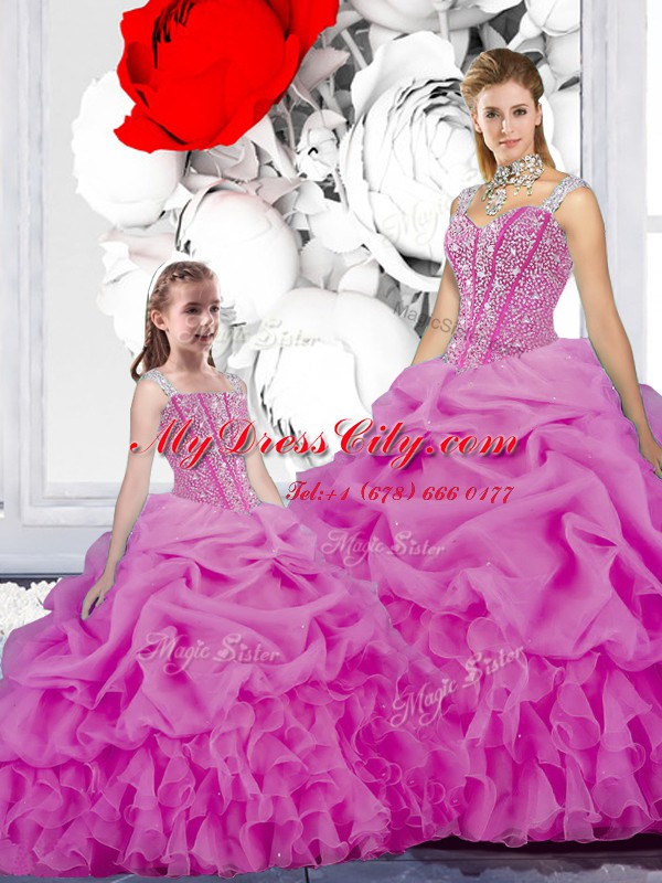 Charming Fuchsia Quinceanera Dress Military Ball and Sweet 16 and Quinceanera and For with Beading and Ruffles and Pick Ups Straps Sleeveless Lace Up