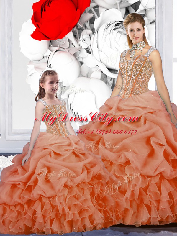 Straps Sleeveless Floor Length Beading and Ruffles and Pick Ups Lace Up Ball Gown Prom Dress with Orange