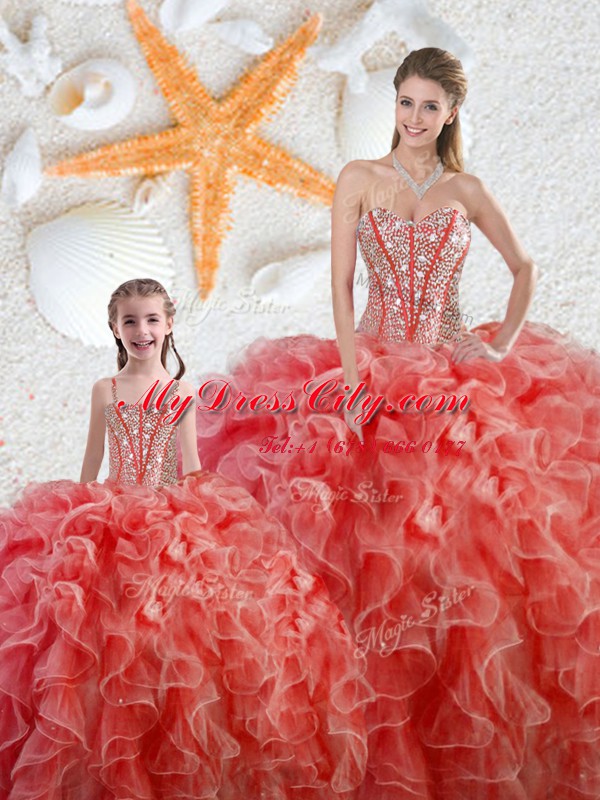 Coral Red Organza Lace Up 15 Quinceanera Dress Sleeveless Floor Length Beading and Ruffles