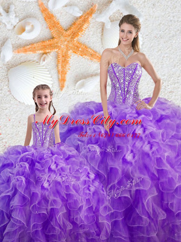 Organza Sweetheart Sleeveless Lace Up Beading and Ruffles Vestidos de Quinceanera in Purple