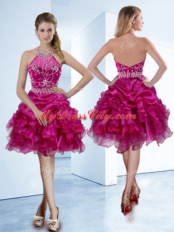 Halter Top Fuchsia Organza Zipper Prom Dresses Sleeveless Knee Length Beading and Ruffles and Pick Ups