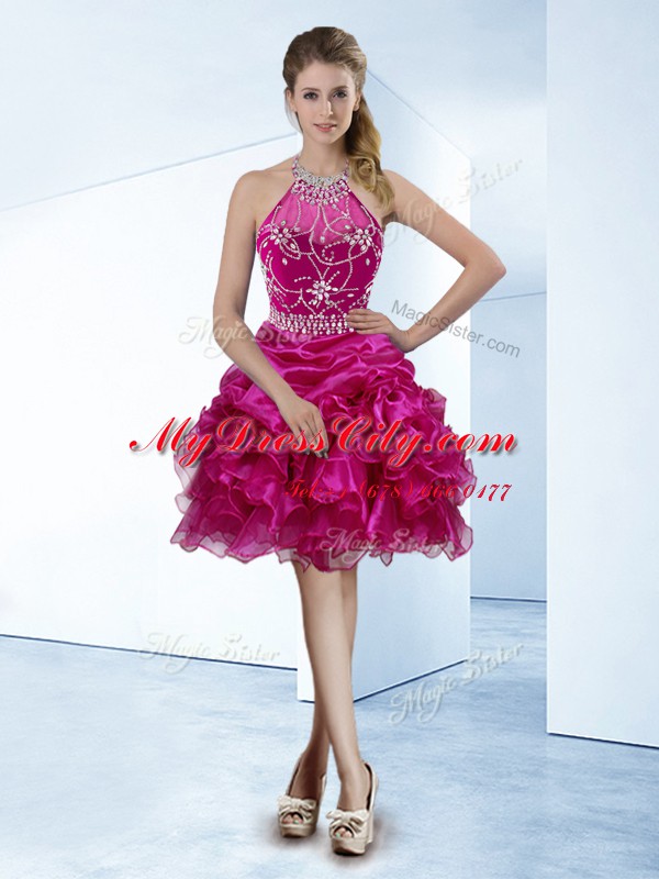 Halter Top Fuchsia Organza Zipper Prom Dresses Sleeveless Knee Length Beading and Ruffles and Pick Ups