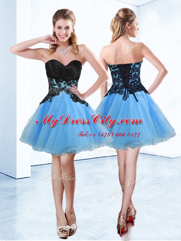 Exquisite Blue And Black A-line Organza Sweetheart Sleeveless Appliques Mini Length Lace Up Prom Evening Gown