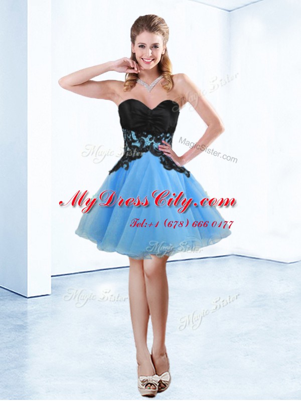 Exquisite Blue And Black A-line Organza Sweetheart Sleeveless Appliques Mini Length Lace Up Prom Evening Gown