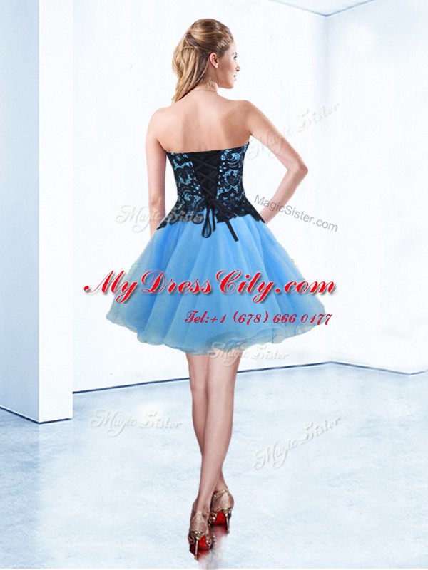 Exquisite Blue And Black A-line Organza Sweetheart Sleeveless Appliques Mini Length Lace Up Prom Evening Gown