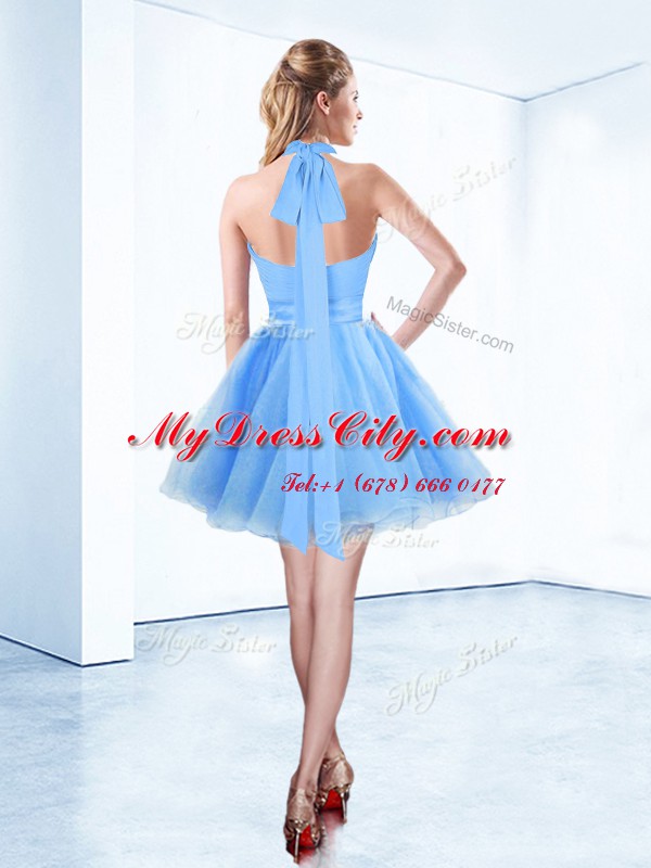 Adorable Blue Halter Top Zipper Ruching and Belt Prom Party Dress Sleeveless