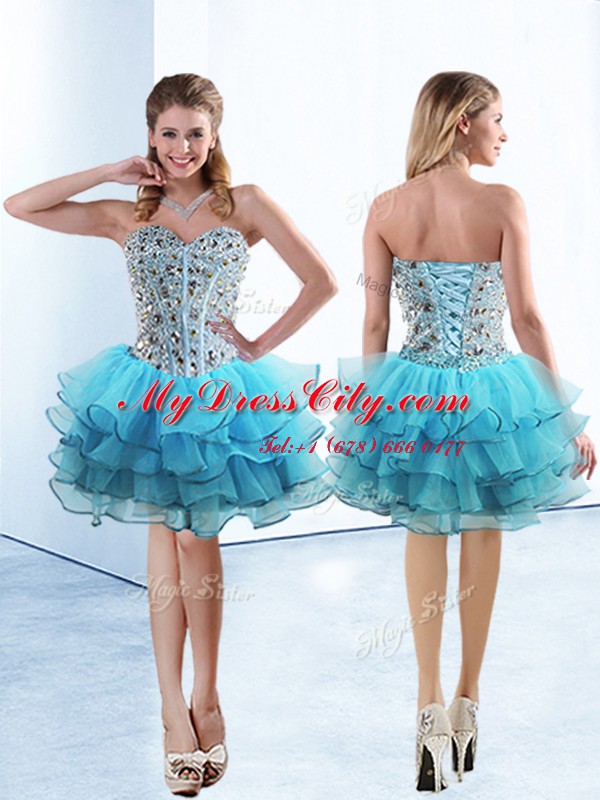 Baby Blue Sleeveless Beading and Ruffled Layers Knee Length Prom Gown